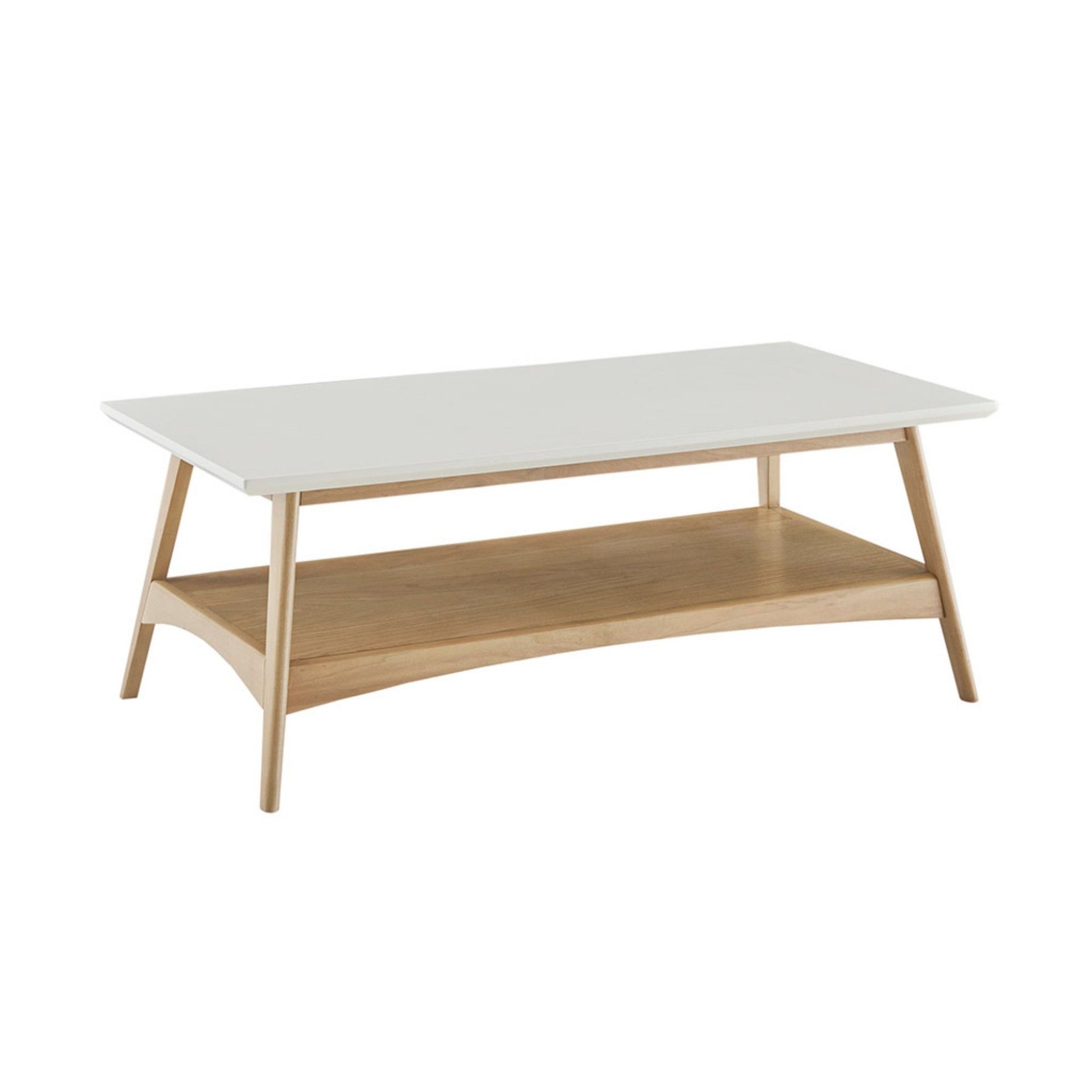 The Modern Table With Extra Storage features a white rectangular tabletop, light wood legs, and a matching wooden lower shelf for storage, displayed against a plain white background.