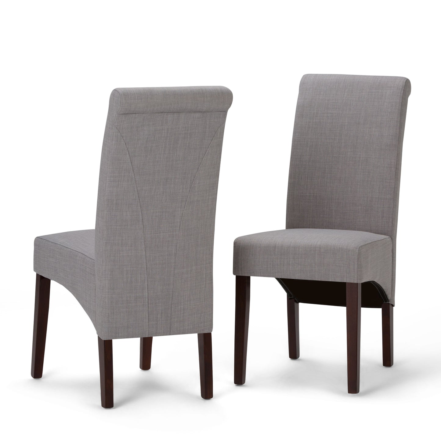 The Avalon Deluxe Parson Dining Chair set features two gray upholstered chairs with tall backs and dark wooden legs; one chair is shown facing forward, while the other is angled to reveal the back design.