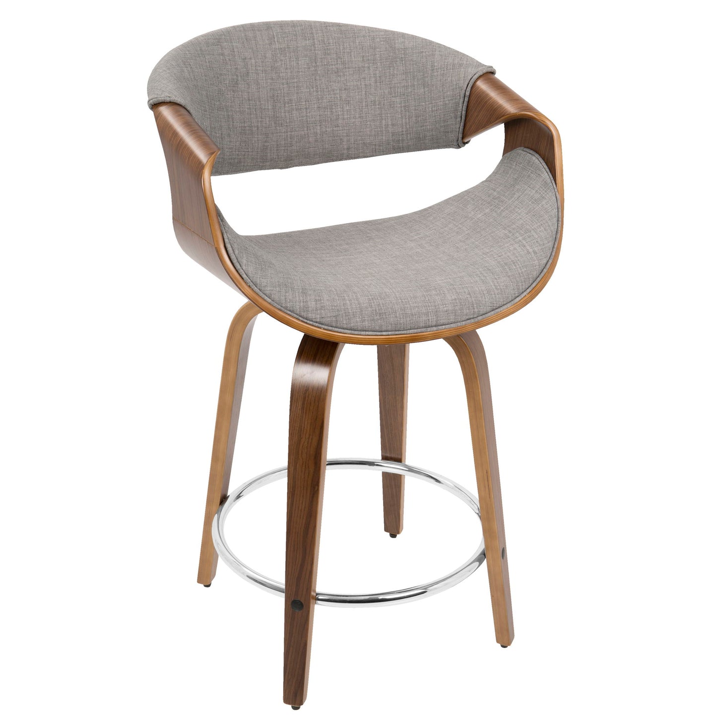 The Curvini Mid-Century Modern Counter Stool Set features a curved wooden frame, gray upholstered seat and backrest, four angled legs, a swivel function, and a circular chrome footrest. Sold as a set of 2.