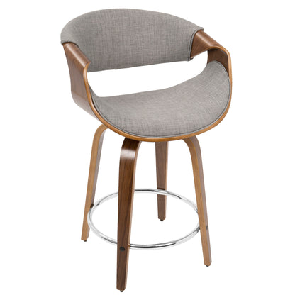 The Curvini Mid-Century Modern Counter Stool Set features a curved wooden frame, gray upholstered seat and backrest, four angled legs, a swivel function, and a circular chrome footrest. Sold as a set of 2.