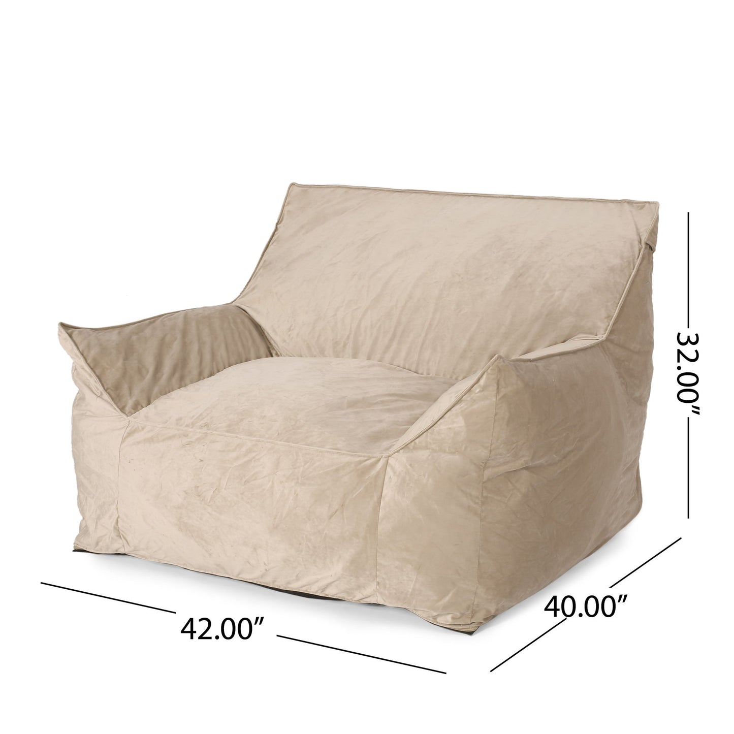 The Allea Bean Bag Chair With Armrests is a large beige seat featuring a wide 42" width, 40" depth, low backrest, and armrests. Overall dimensions: 42"W x 40"D x 32"H.
