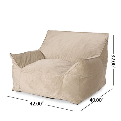 The Allea Bean Bag Chair With Armrests is a large beige seat featuring a wide 42" width, 40" depth, low backrest, and armrests. Overall dimensions: 42"W x 40"D x 32"H.