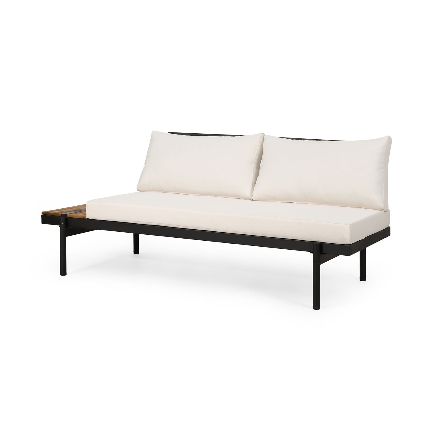 The Theo 2 Seater Sofa is a modern outdoor daybed with a black metal frame, light beige cushions, and an attached small wooden accent table on one side.
