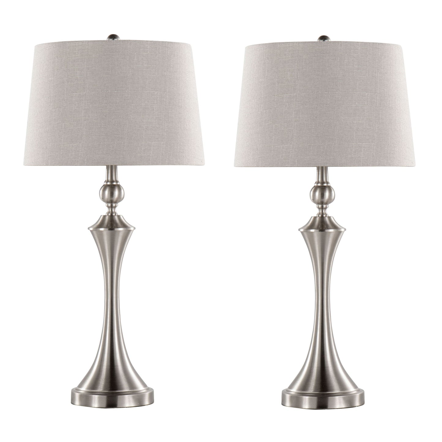 The Flint Contemporary Table Lamp set features two lamps with brushed nickel bases, light gray drum shades, and built-in USB ports, displayed side by side against a white background.