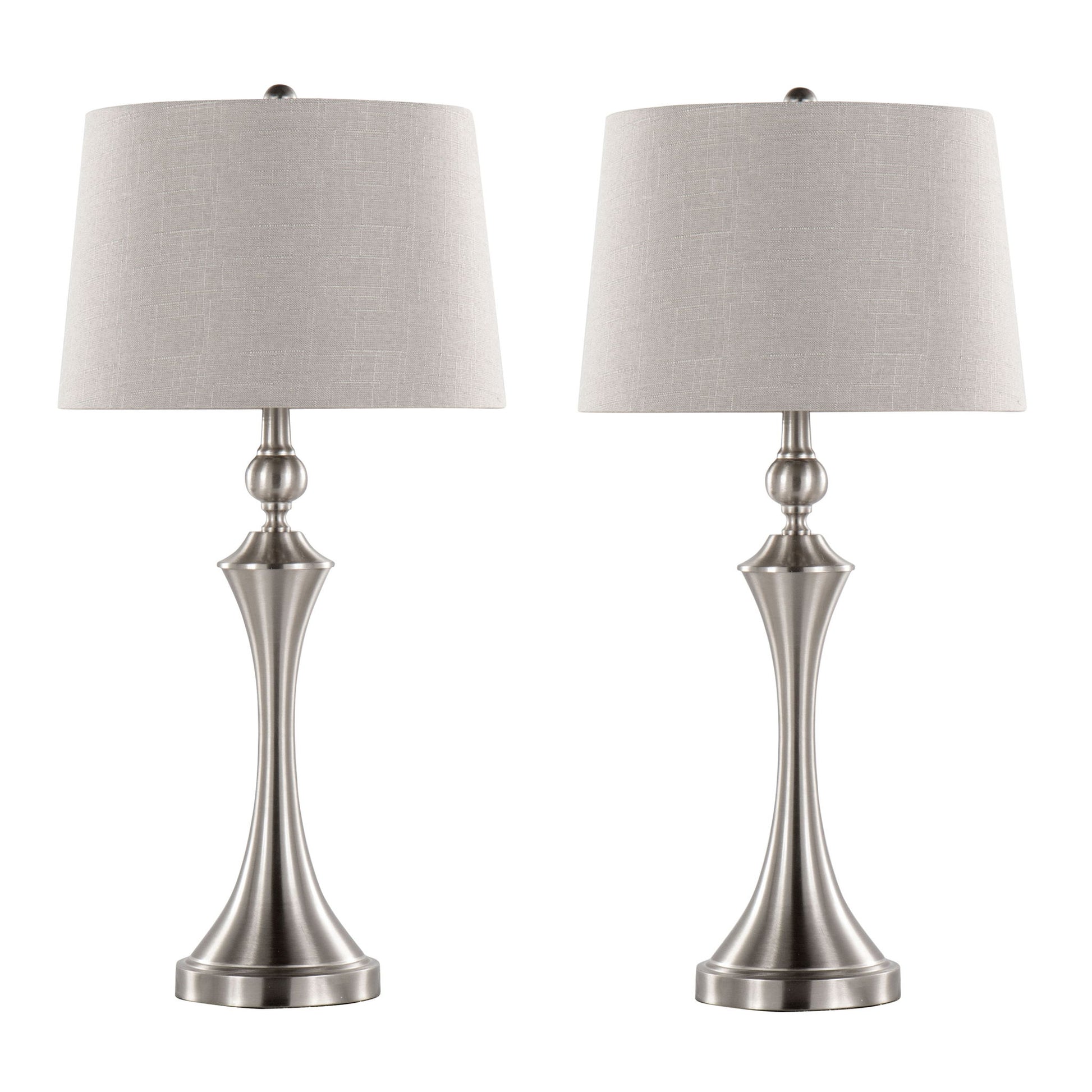 The Flint Contemporary Table Lamp set features two lamps with brushed nickel bases, light gray drum shades, and built-in USB ports, displayed side by side against a white background.