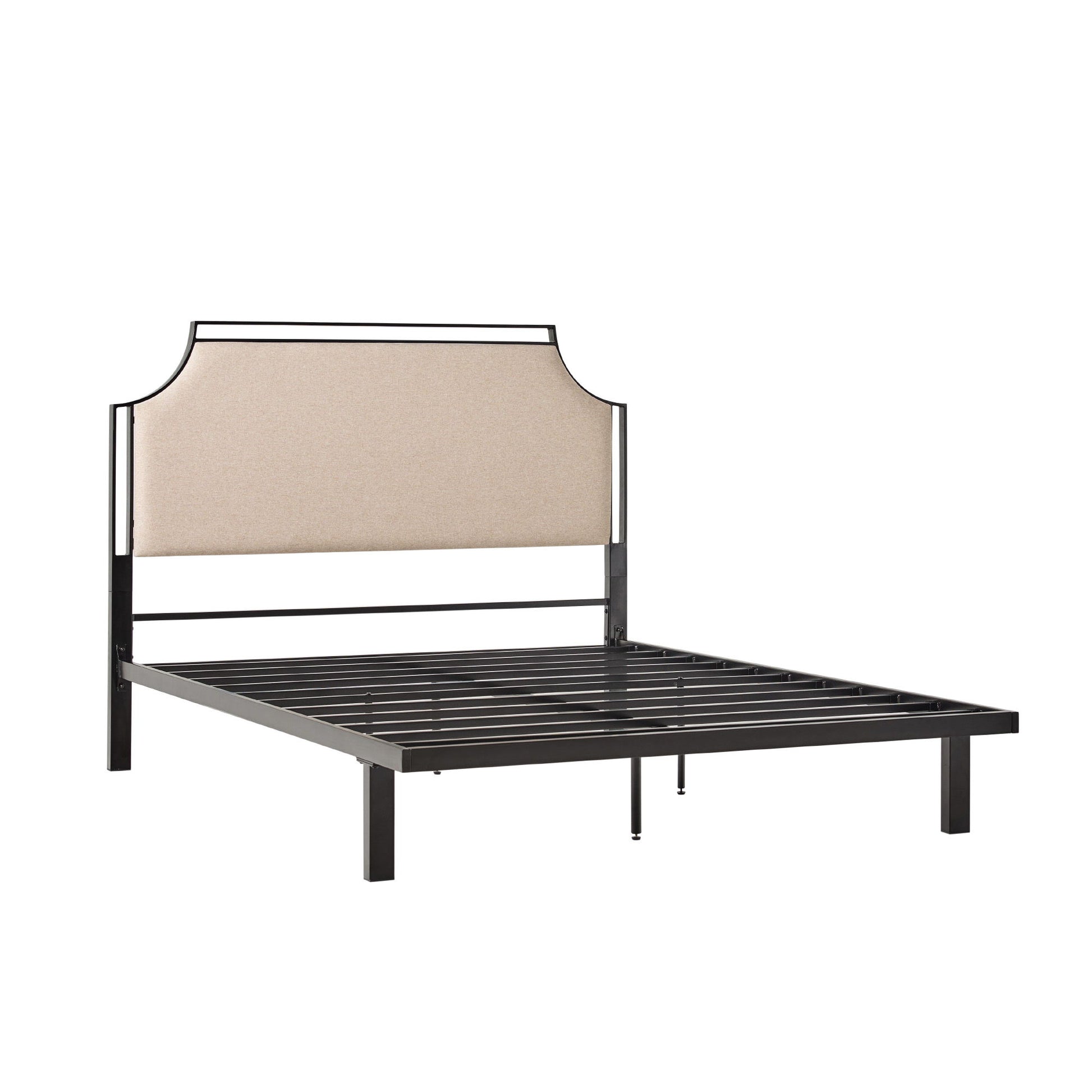 The Bed Traditional Upholstered Metal features a black metal frame, beige upholstered rectangular headboard, and slatted base; mattress and bedding not included.