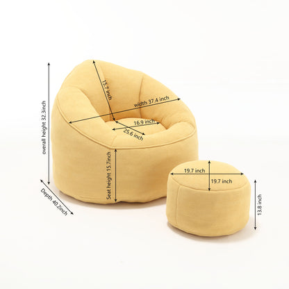 The Bedding Bean Bag Sofa Chair High Pressure Foam with Footrest comes in yellow and includes a round ottoman. The chair stands 32.3" high, while the ottoman measures 13.8" high and 19.7" wide, with all dimensions labeled in inches.