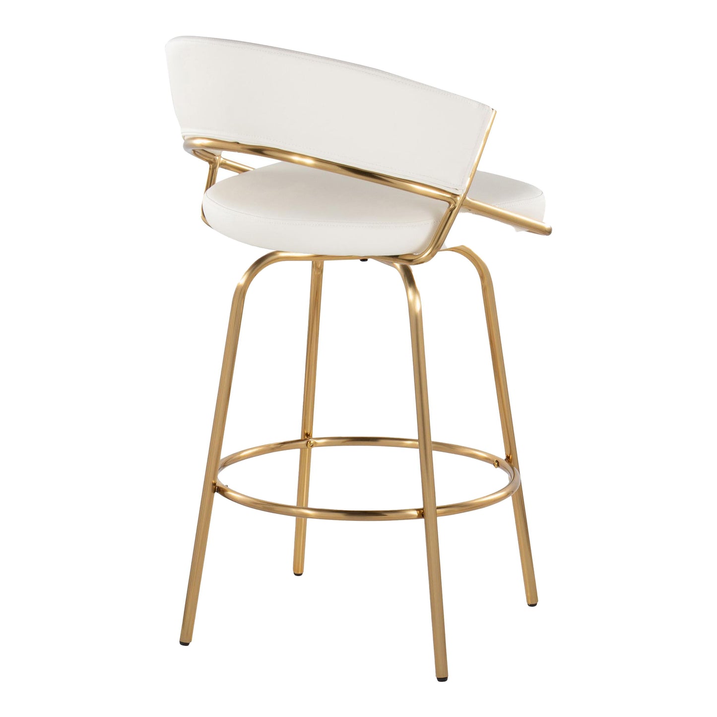 The Jie - Glam Fixed Height Counter Stool (Set of 2) features a white cushioned seat and backrest, a sleek gold metal frame with footrest, angled legs, and an open-back minimalist design for contemporary spaces.