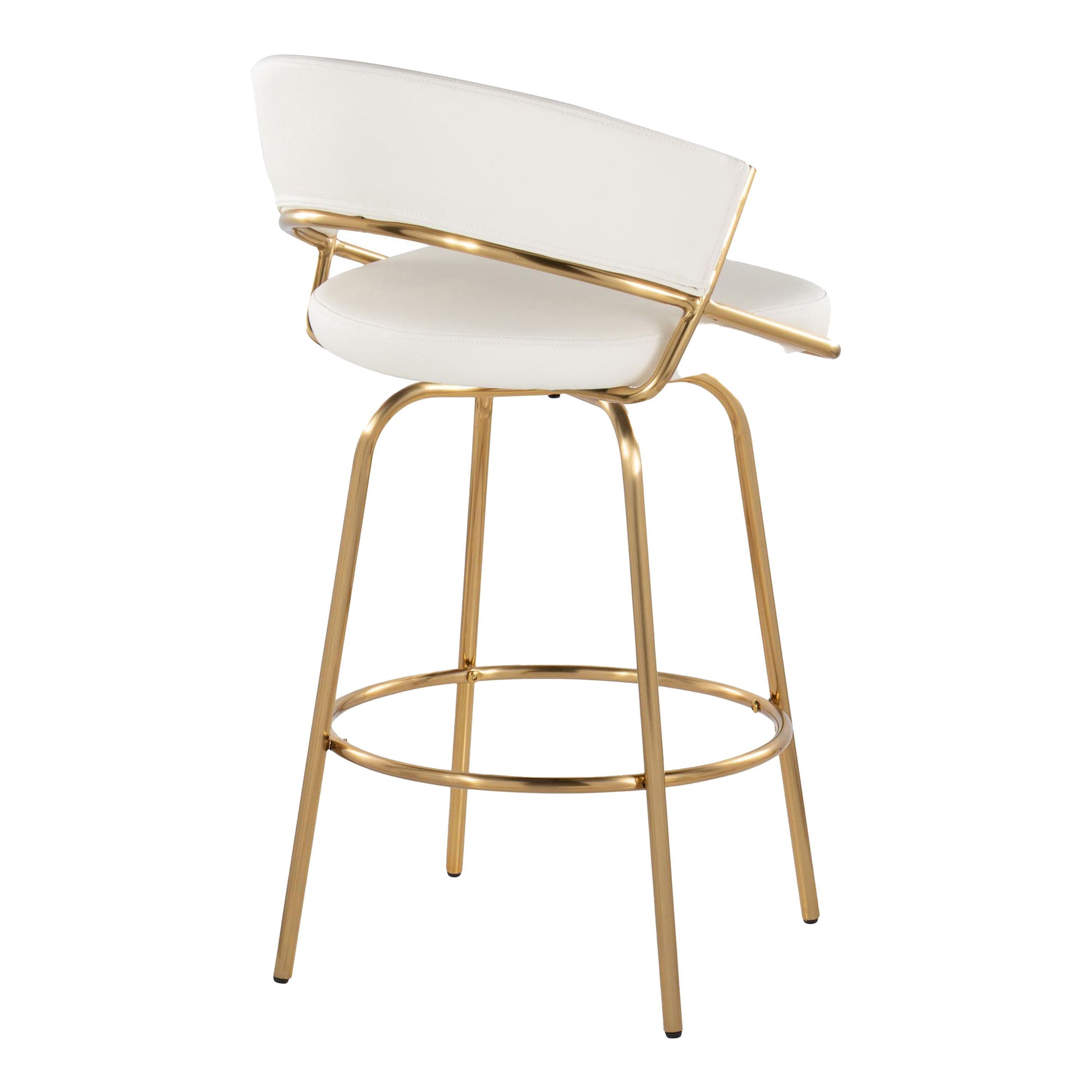 The Jie - Glam Fixed Height Counter Stool (Set of 2) features a white cushioned seat and backrest, a sleek gold metal frame with footrest, angled legs, and an open-back minimalist design for contemporary spaces.
