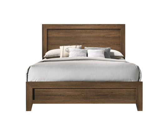 The Miquell Panel Bed features a rectangular headboard and footboard in wood, styled with light gray bedding and decorative pillows, set against a plain white background.