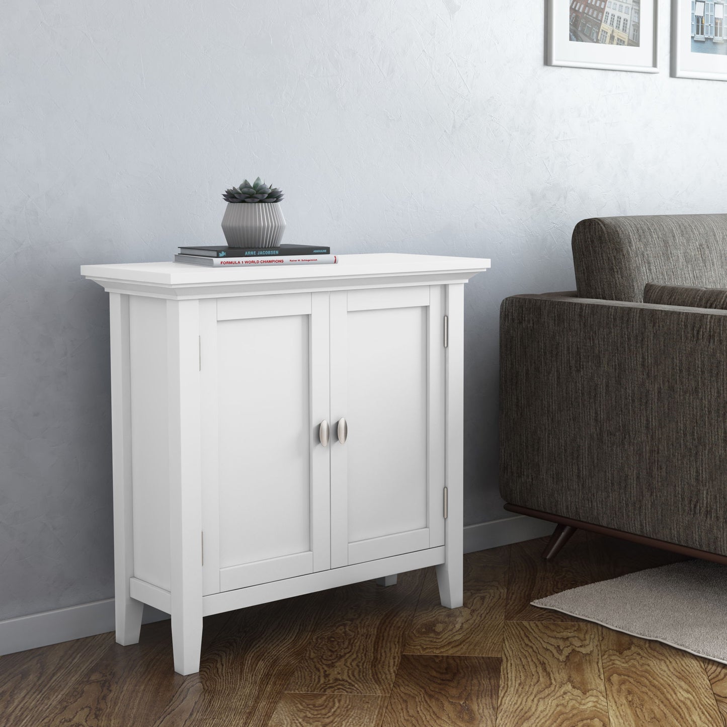 The Redmond Handcrafted Low Storage Cabinet, featuring two doors with round silver handles, is placed by a gray sofa. A potted succulent and stacked books sit on top, while framed pictures decorate the light gray wall above.