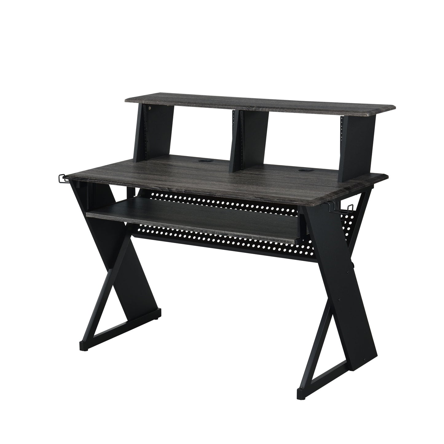 The Humanity - Music Desk - Black features a modern black and dark wood design with a raised monitor shelf, angled metal legs, keyboard tray, and side hooks. Its sleek, sturdy build is ideal for both office work and gaming setups.