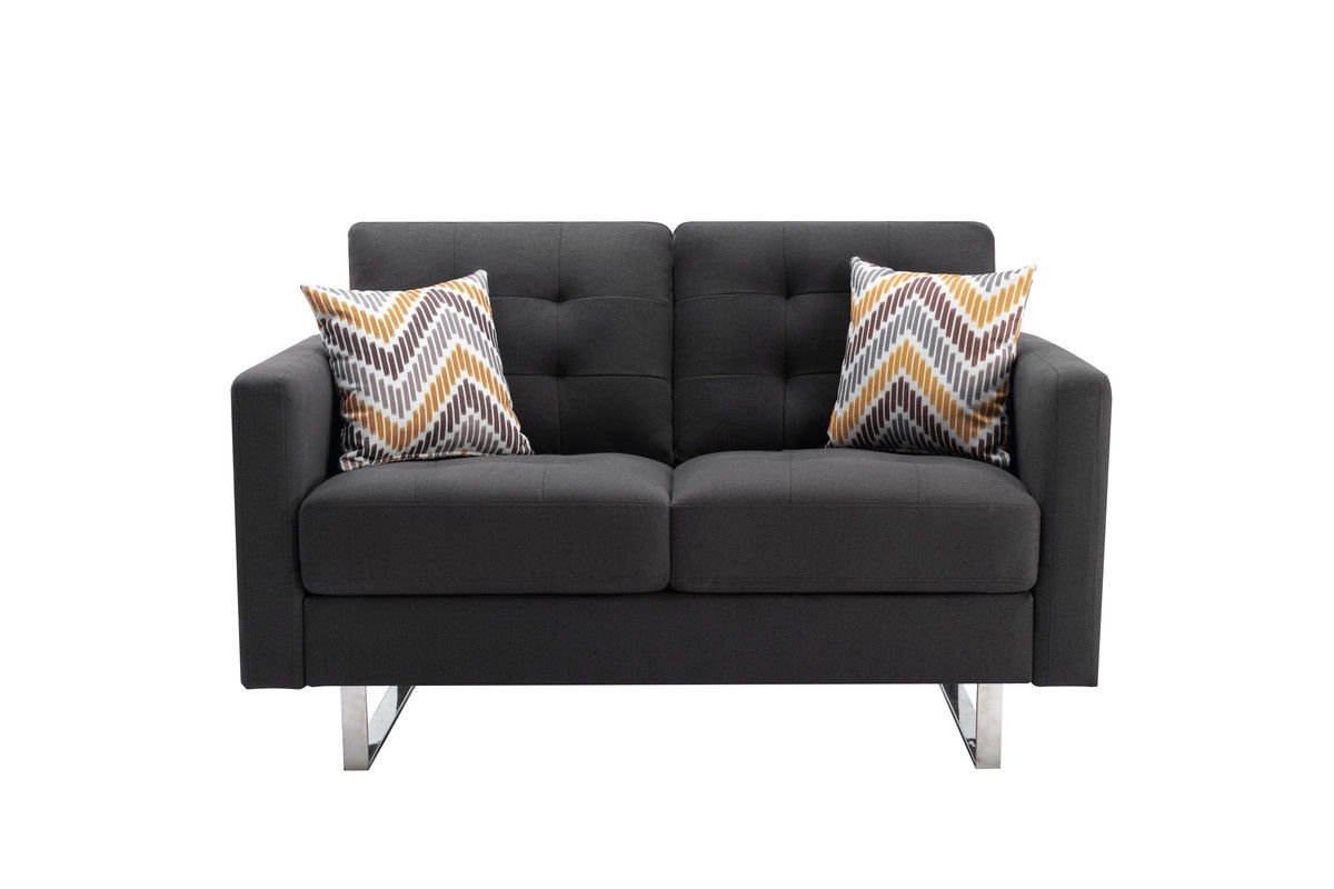 The Victoria Linen Fabric Loveseat features a modern dark gray design with button-tufted upholstery, metal legs, side pockets, and two decorative chevron-patterned pillows in yellow, gray, and white.
