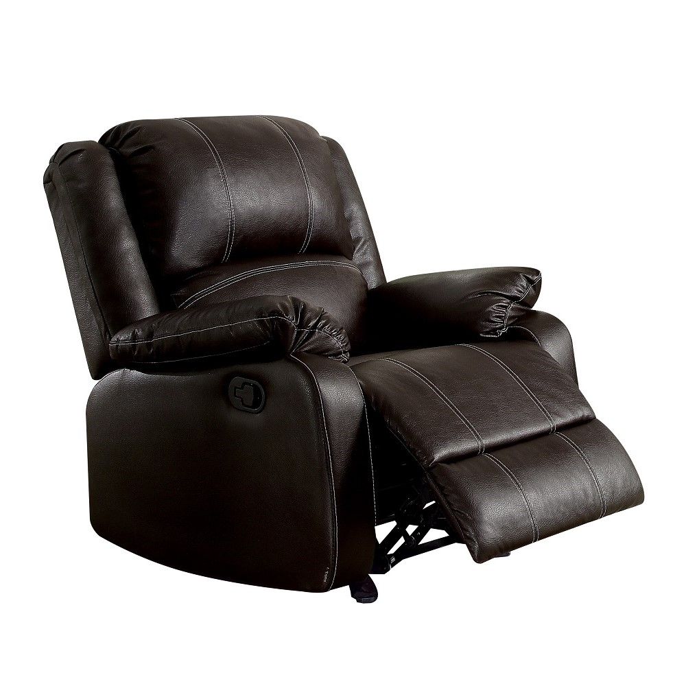 The Zuriel Synthetic Leather Recliner Chair, shown in dark brown, features padded armrests and backrest and is pictured partially reclined with the footrest extended.