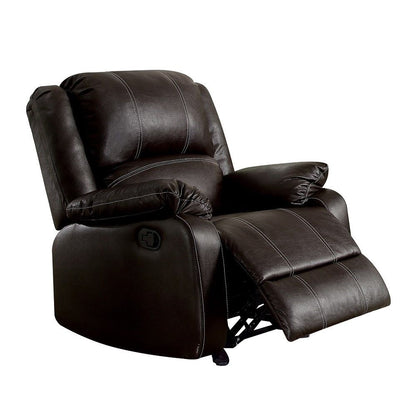 The Zuriel Synthetic Leather Recliner Chair, shown in dark brown, features padded armrests and backrest and is pictured partially reclined with the footrest extended.
