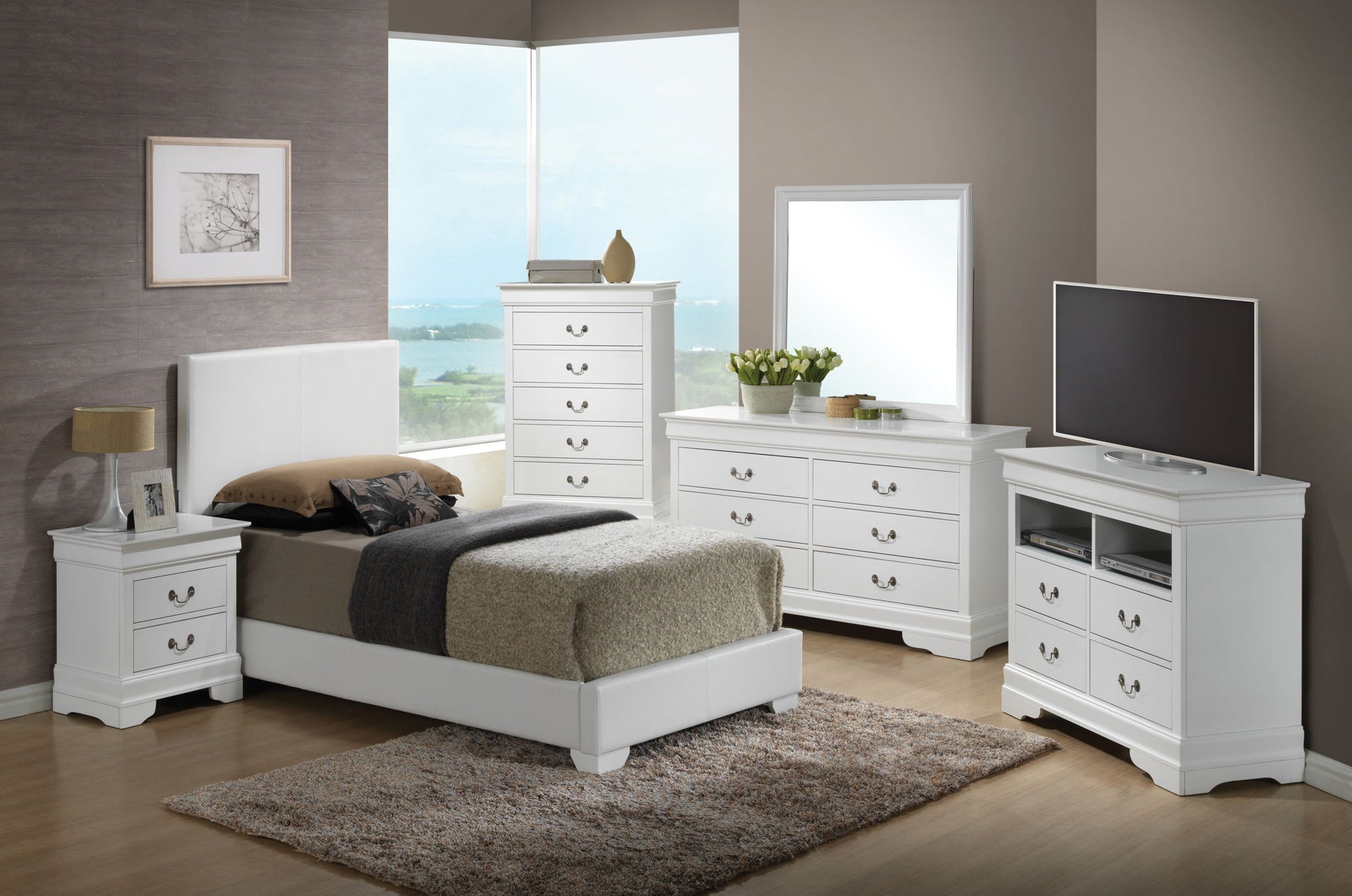 Modern bedroom with white furniture, featuring the Elegant Platform Bed For Relaxed Spaces, two dressers, a nightstand with a lamp, TV, large window with scenic view, neutral bedding, and a soft brown rug.