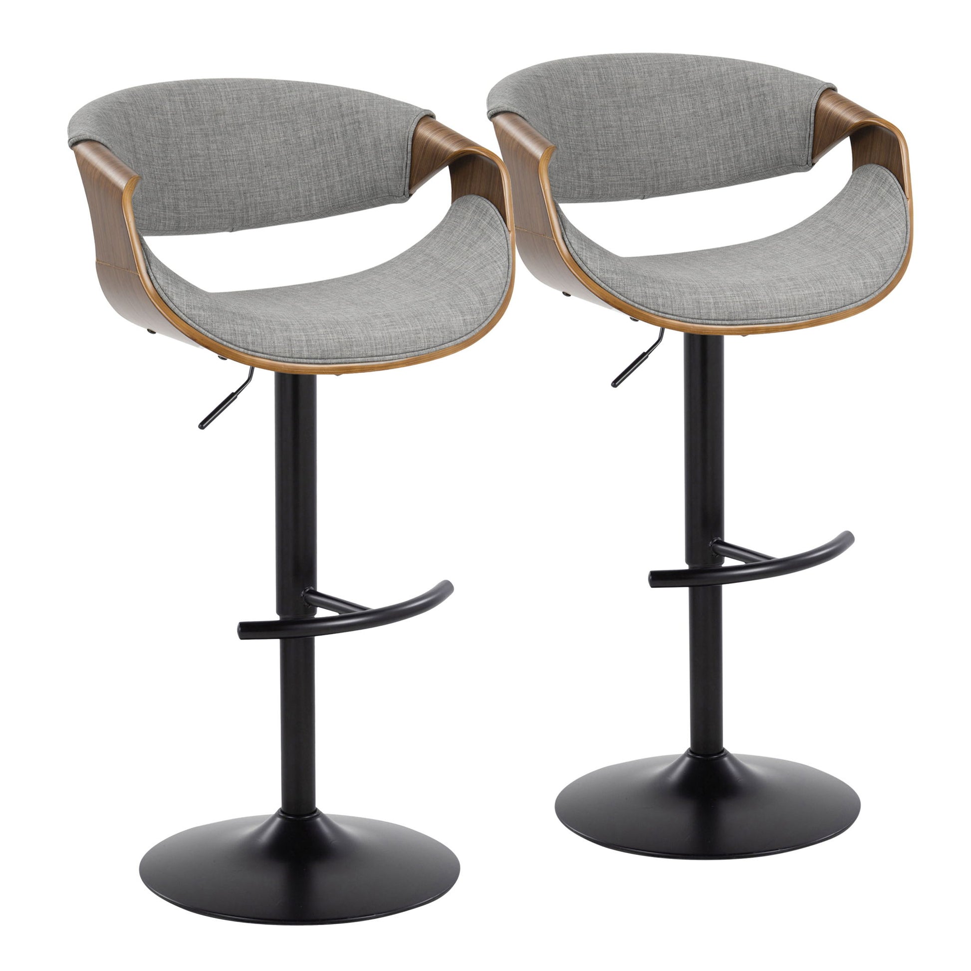 The Curvo set includes two mid-century modern adjustable barstools with swivel, curved wooden backs, gray fabric seats, black pedestal bases, and rounded T footrests, shown side by side on a white background.