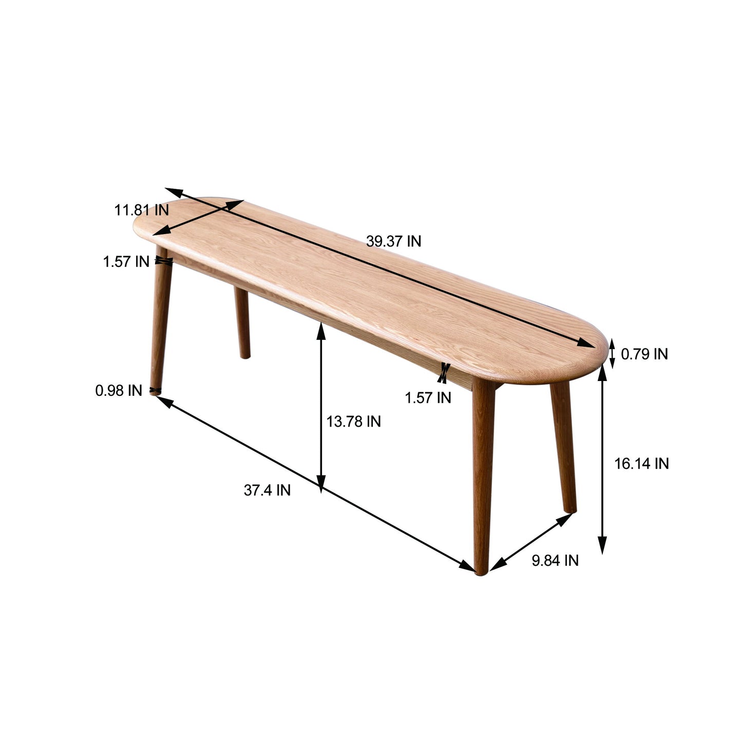 The Dining Bench, Table Bench For Living Room is shown at an angle, featuring four legs and labeled measurements: length 39.37 in, width 11.81 in, height 16.14 in, plus detailed inch dimensions along its structure.