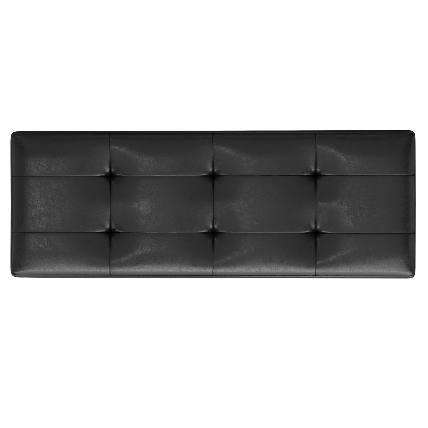 The Shay Large Square Coffee Table Storage Ottoman, shown from above, features a black tufted leather surface with a grid pattern formed by buttons and visible stitching in a sleek mid-century style.