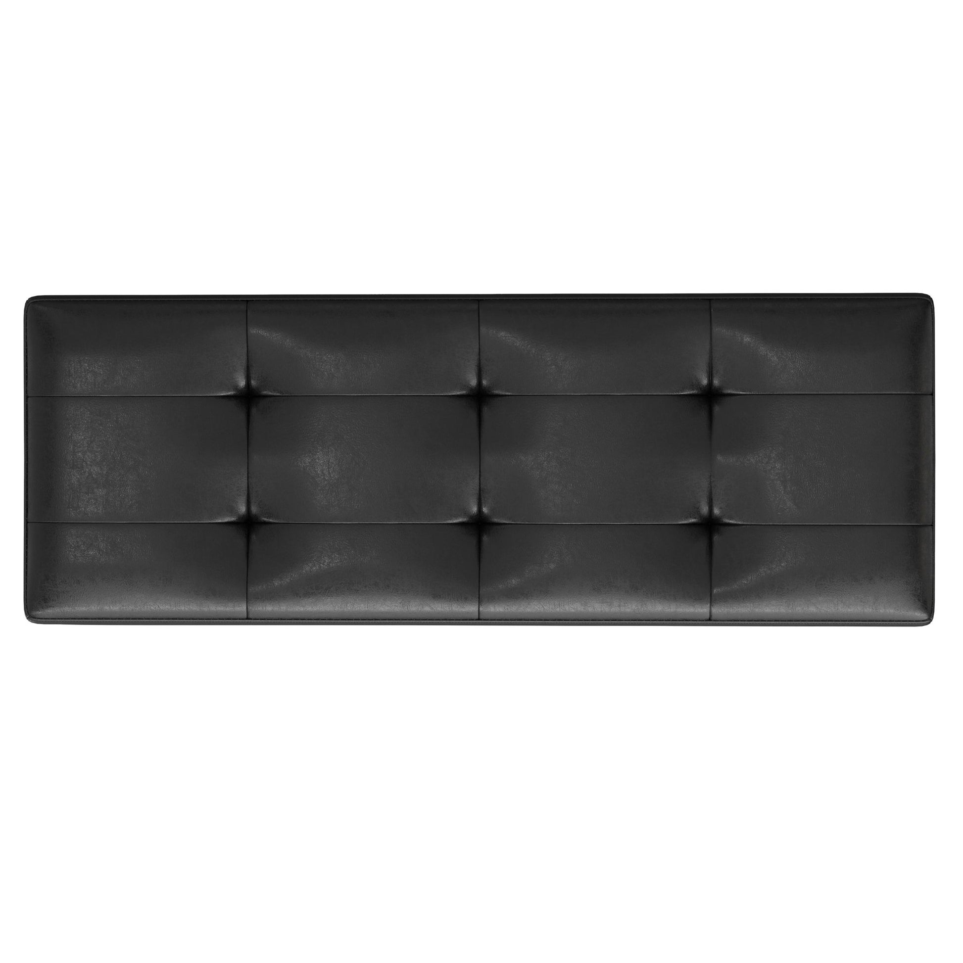 The Shay Large Square Coffee Table Storage Ottoman, shown from above, features a black tufted leather surface with a grid pattern formed by buttons and visible stitching in a sleek mid-century style.