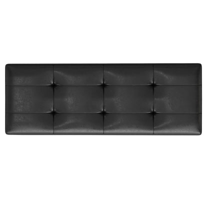 The Shay Large Square Coffee Table Storage Ottoman, shown from above, features a black tufted leather surface with a grid pattern formed by buttons and visible stitching in a sleek mid-century style.