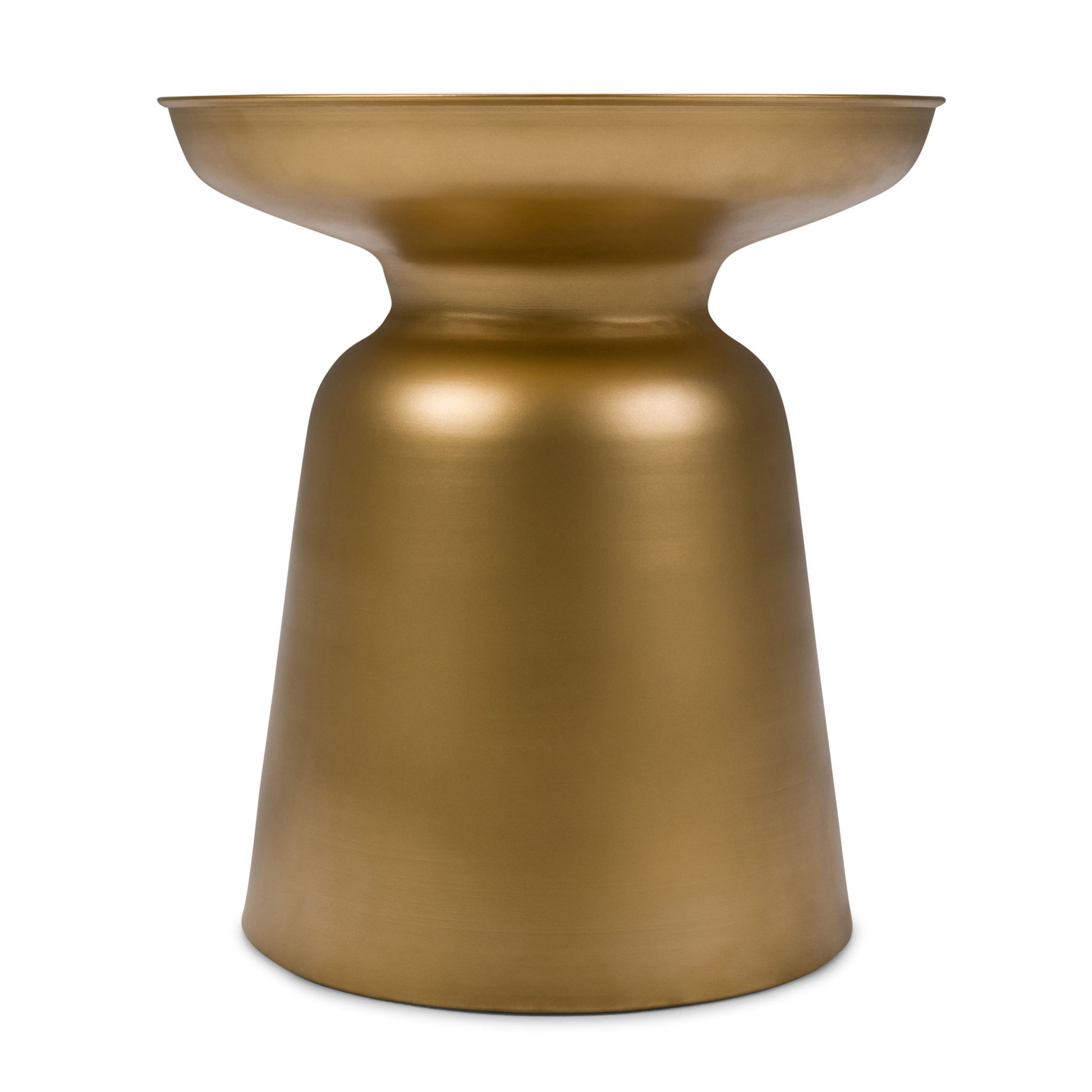 The Toby Handcrafted Metal Accent Table features a modern metallic gold finish with an elegant hourglass shape and a wide, flat top surface.