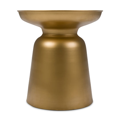 The Toby Handcrafted Metal Accent Table features a modern metallic gold finish with an elegant hourglass shape and a wide, flat top surface.