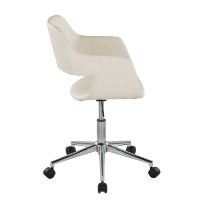 The Margarite - Contemporary Office Task Chair features a cream upholstered seat and backrest, shown in side view, with a chrome base and five caster wheels.