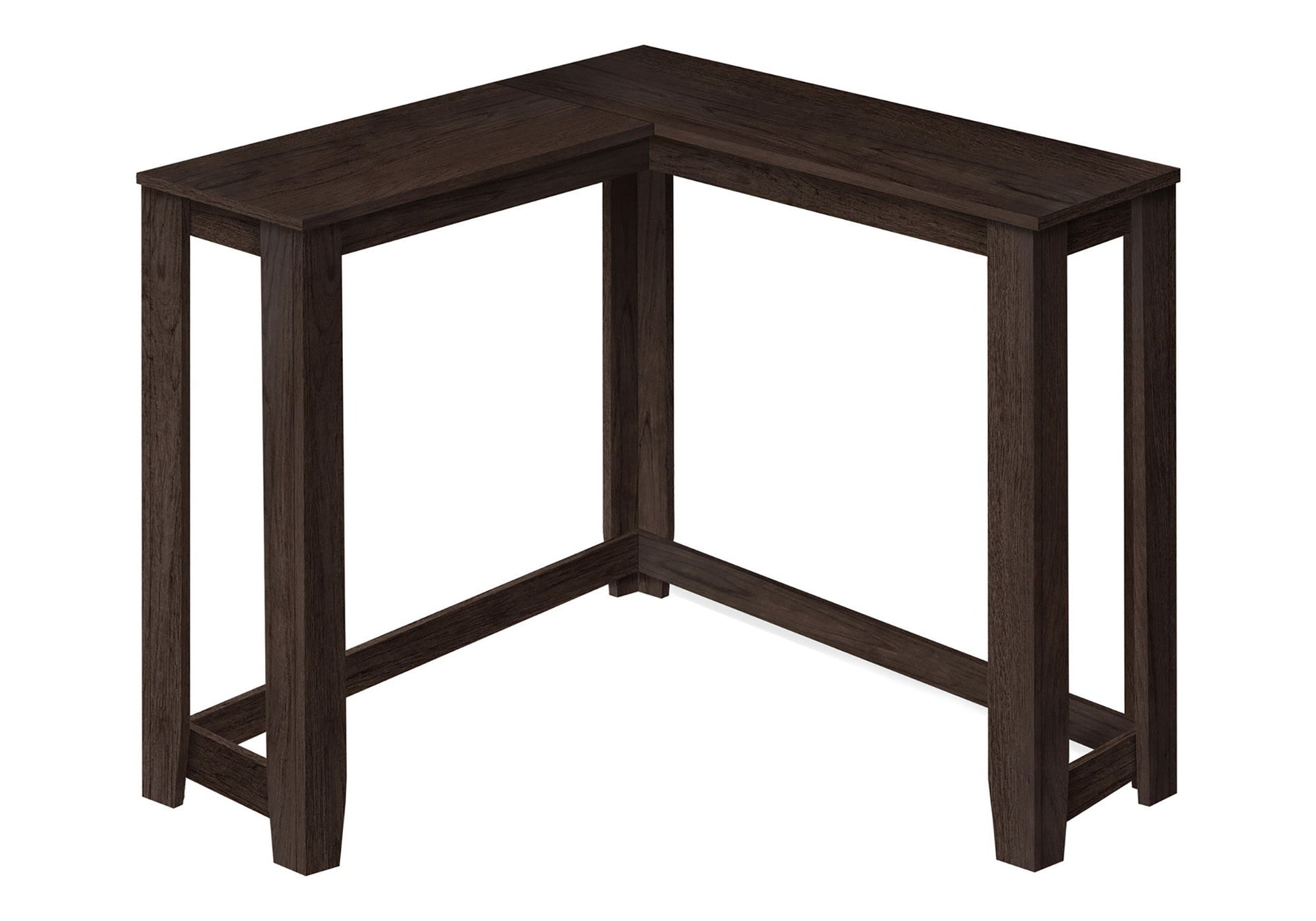 Contemporary dark brown Corner Accent Console Table for entryway with a unique design and four sturdy legs; its open, modern look fits neatly into a room corner to maximize space.