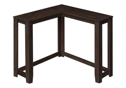Contemporary dark brown Corner Accent Console Table for entryway with a unique design and four sturdy legs; its open, modern look fits neatly into a room corner to maximize space.
