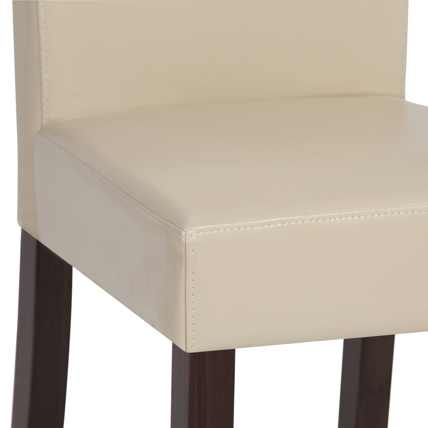Close-up of the Acadian Upholstered Parson Dining Chair (Set of 2), featuring beige upholstery, dark wooden legs, and detailed stitching that highlights the smooth texture of the seat and backrest.