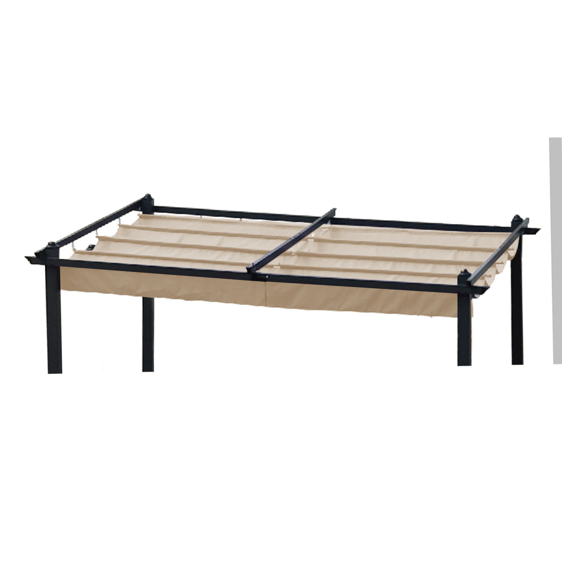 The Replacement Canopy Top Cover Fabric for Outdoor Patio Retractable Pergola Sun-Shelter Canopy is shown partially extended on a black, four-legged rectangular pergola frame against a white background. The canopy fabric is beige.