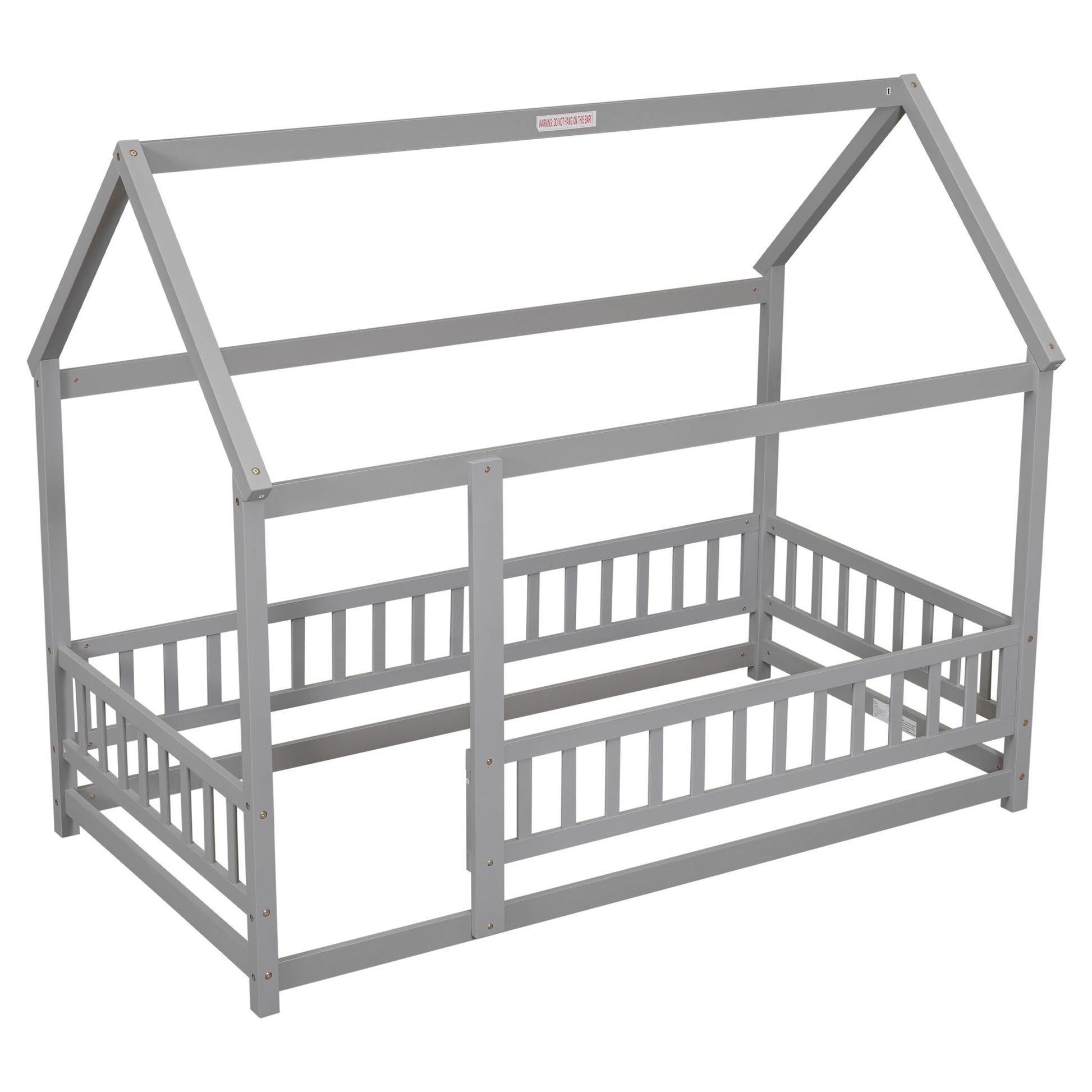The Floor Wooden Bed With House Roof Frame and Fence Guardrails is a gray, house-shaped wooden bed for children with slatted sides and an open, minimalist design. Mattress and bedding are not included.