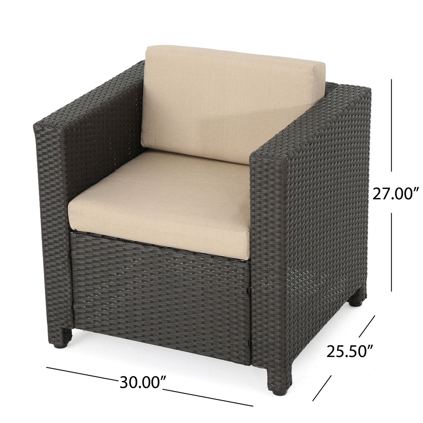 The Stylish Outdoor Club Chair With Weather Resistant Cushions is a brown wicker patio armchair with beige cushions, measuring 27"H x 30"W x 25.5"D.