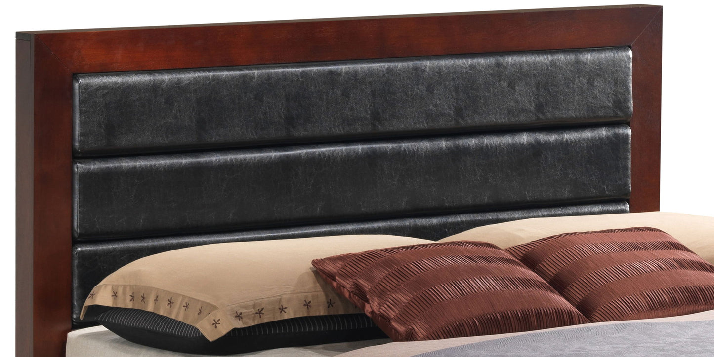 A close-up of the Transitional Modern Design Bed featuring a wooden and black leather headboard, beige pillows with dark trim, and brown decorative pillows with a textured stripe pattern.