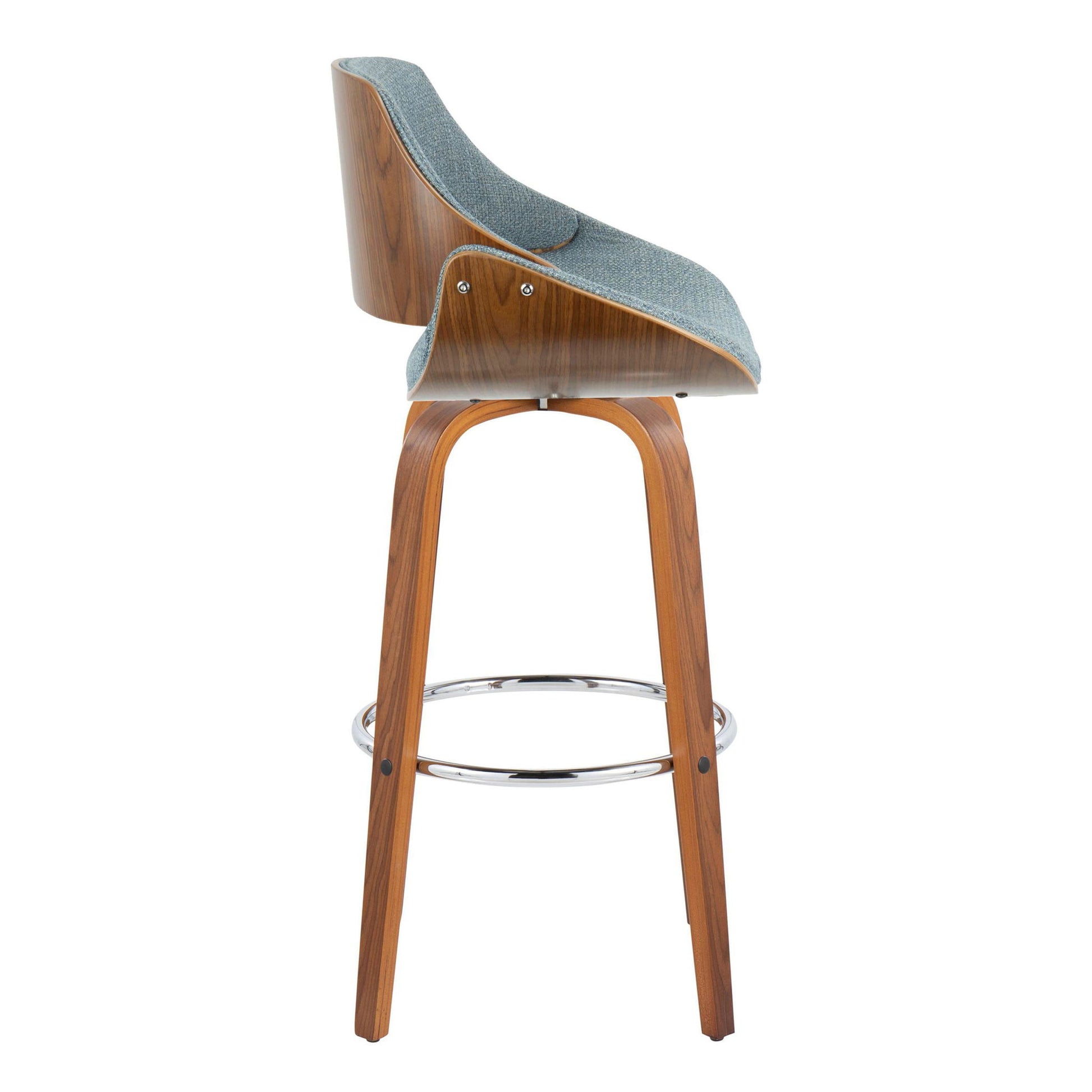 The Fabrizzi Mid Century Modern Barstool set features a curved wooden frame, light blue upholstery, round metal footrest, and four angled wooden legs, shown from the side.