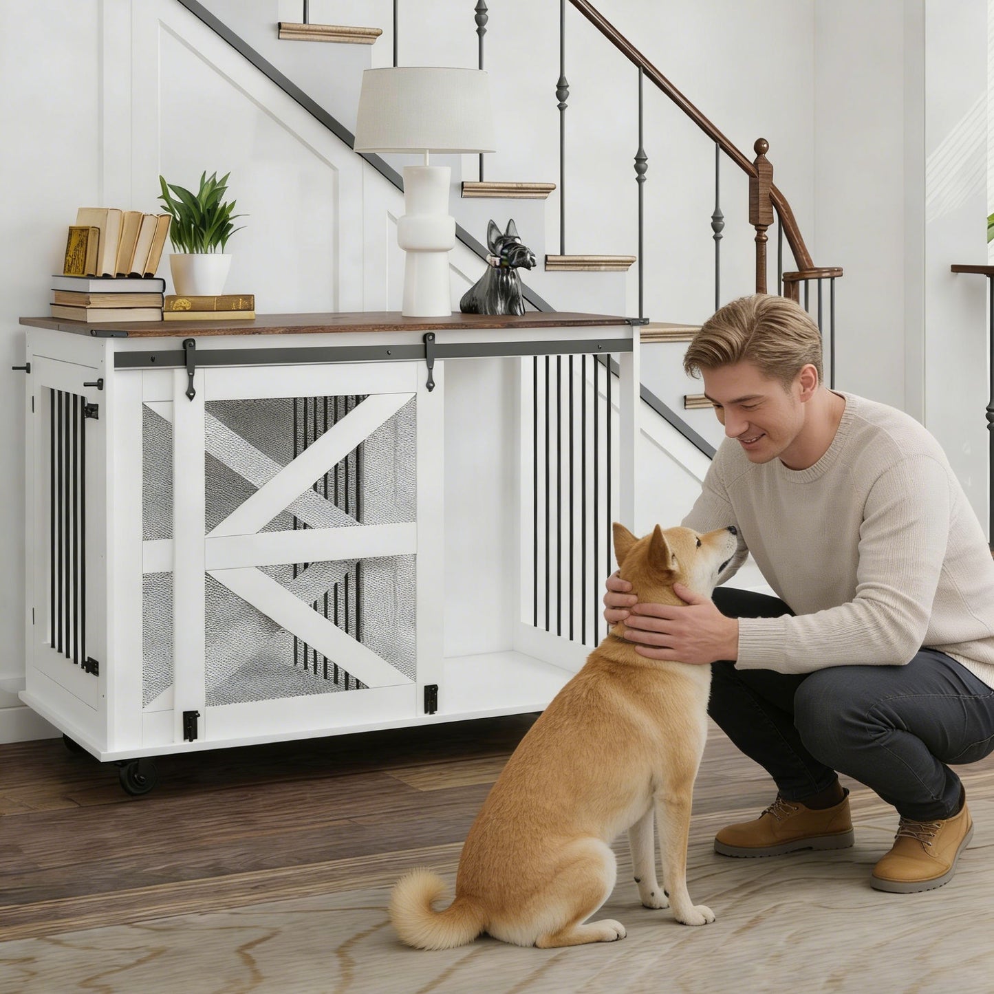 Mobile Dog Crate With Flip Top Feeding Door, Dual Access & 5 Caster System (2 Locking) - Brown White