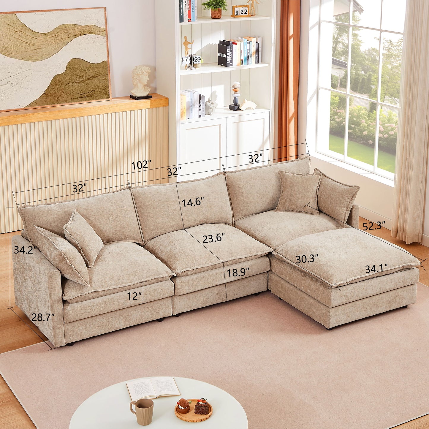 L Shaped Modular Sectional Sofa With Movable Ottoman, 3 Seater Comfortable Seating