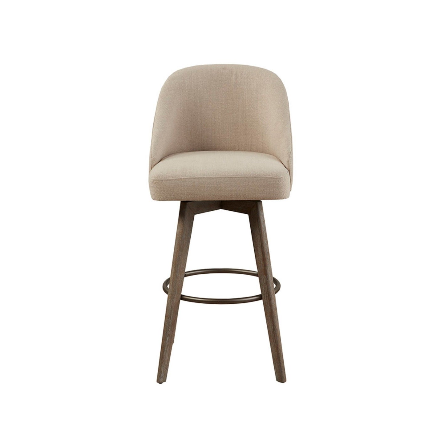 The Bar Stool With Swivel Seat - Sand features a curved backrest, cushioned seat, wooden legs, and a metal footrest ring, displayed against a white background.