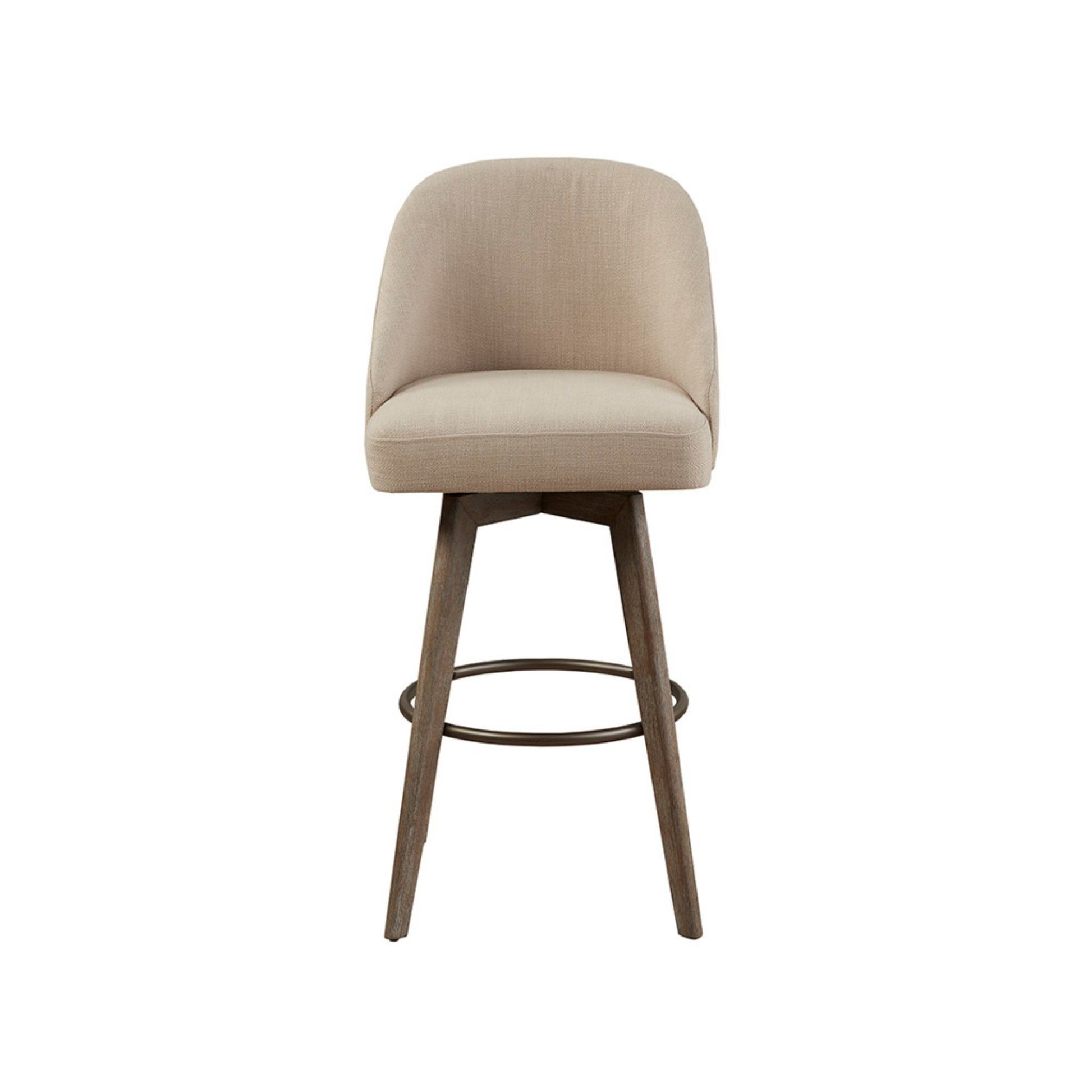 The Bar Stool With Swivel Seat - Sand features a curved backrest, cushioned seat, wooden legs, and a metal footrest ring, displayed against a white background.