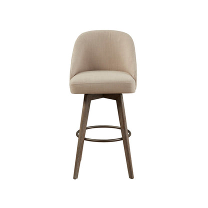The Bar Stool With Swivel Seat - Sand features a curved backrest, cushioned seat, wooden legs, and a metal footrest ring, displayed against a white background.