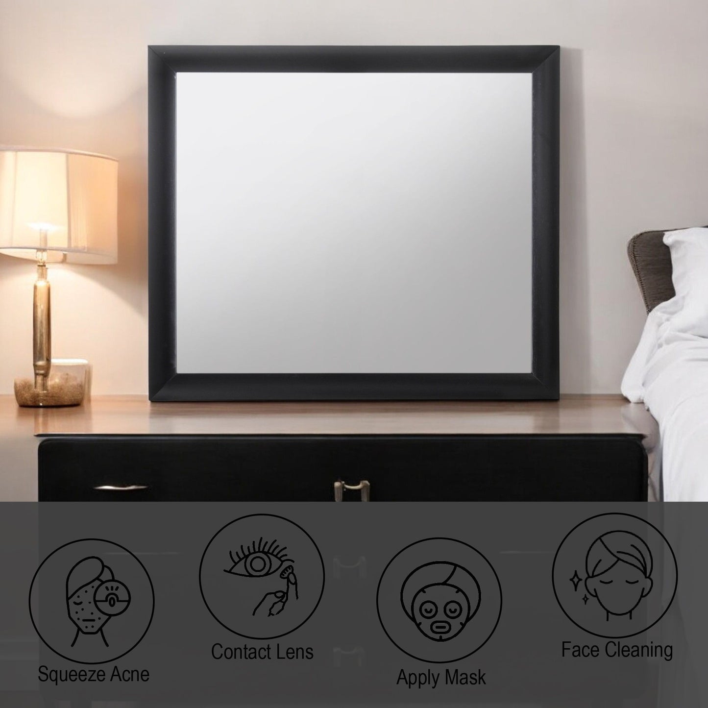 The Ireland - Contemporary Design Mirror sits on a black dresser next to a bed and lamp, with icons and text below for Squeeze Acne, Contact Lens, Apply Mask, and Face Cleaning.