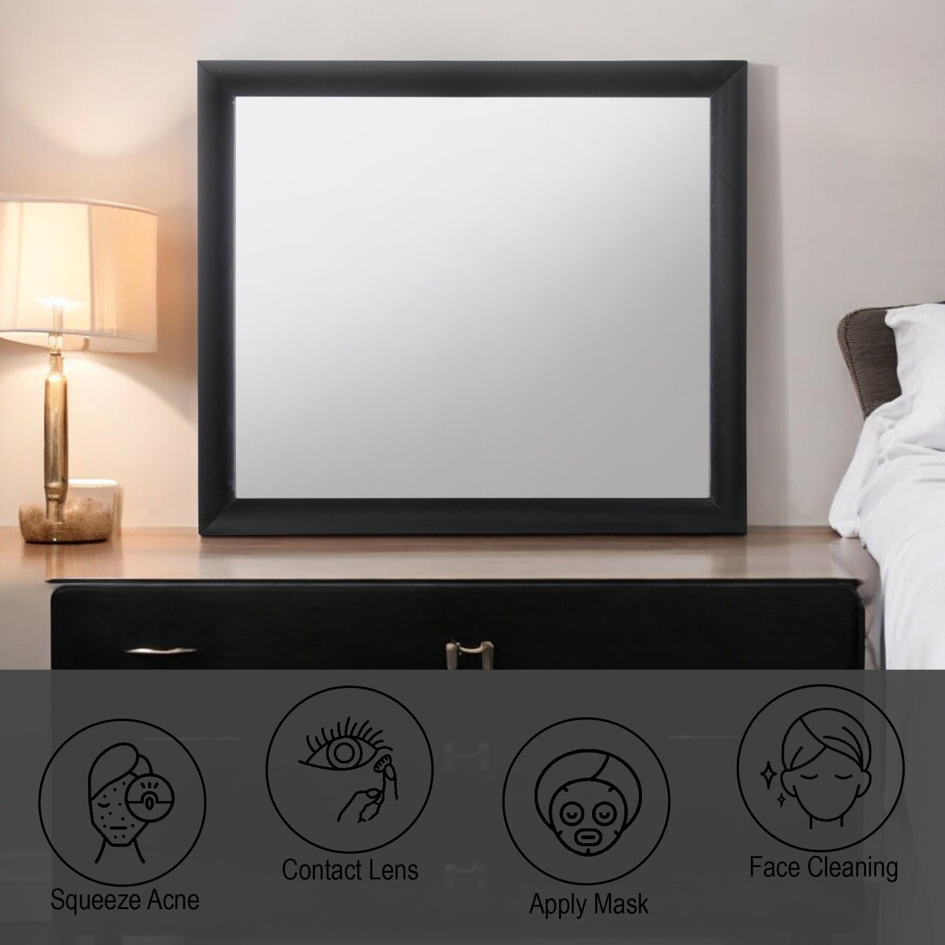 The Ireland - Contemporary Design Mirror sits on a black dresser next to a bed and lamp, with icons and text below for Squeeze Acne, Contact Lens, Apply Mask, and Face Cleaning.