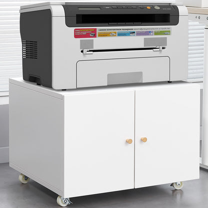 An Office Furniture Copier Cabinet 2 Door Steel Copier Stand Mobile Pedestal File Printer Stand with wooden knobs and wheels holds a black and gray printer, positioned on a gray floor near a window with blinds.