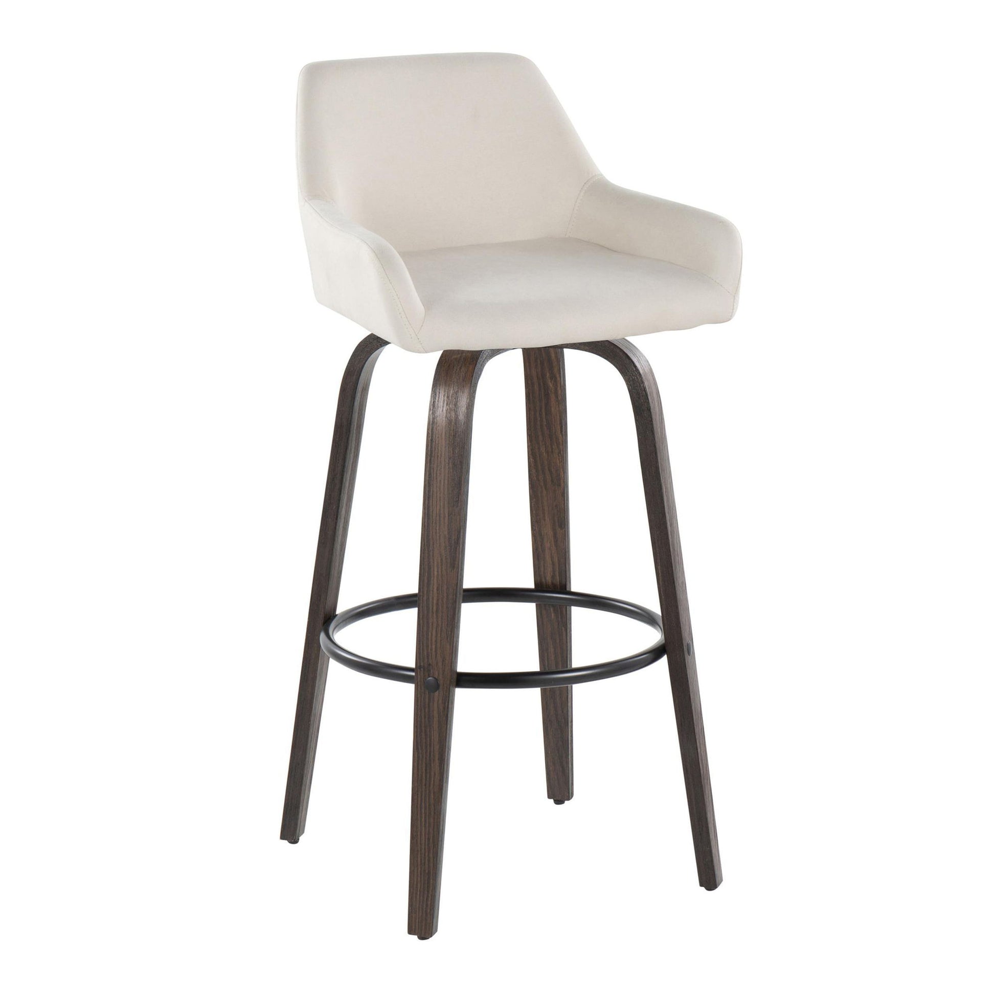 The Daniella barstool set features a contemporary design with cream cushioned seats, short backrests, dark wooden legs, and round metal footrests. Includes 2 fixed height swivel barstools.