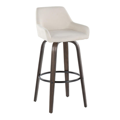 The Daniella barstool set features a contemporary design with cream cushioned seats, short backrests, dark wooden legs, and round metal footrests. Includes 2 fixed height swivel barstools.