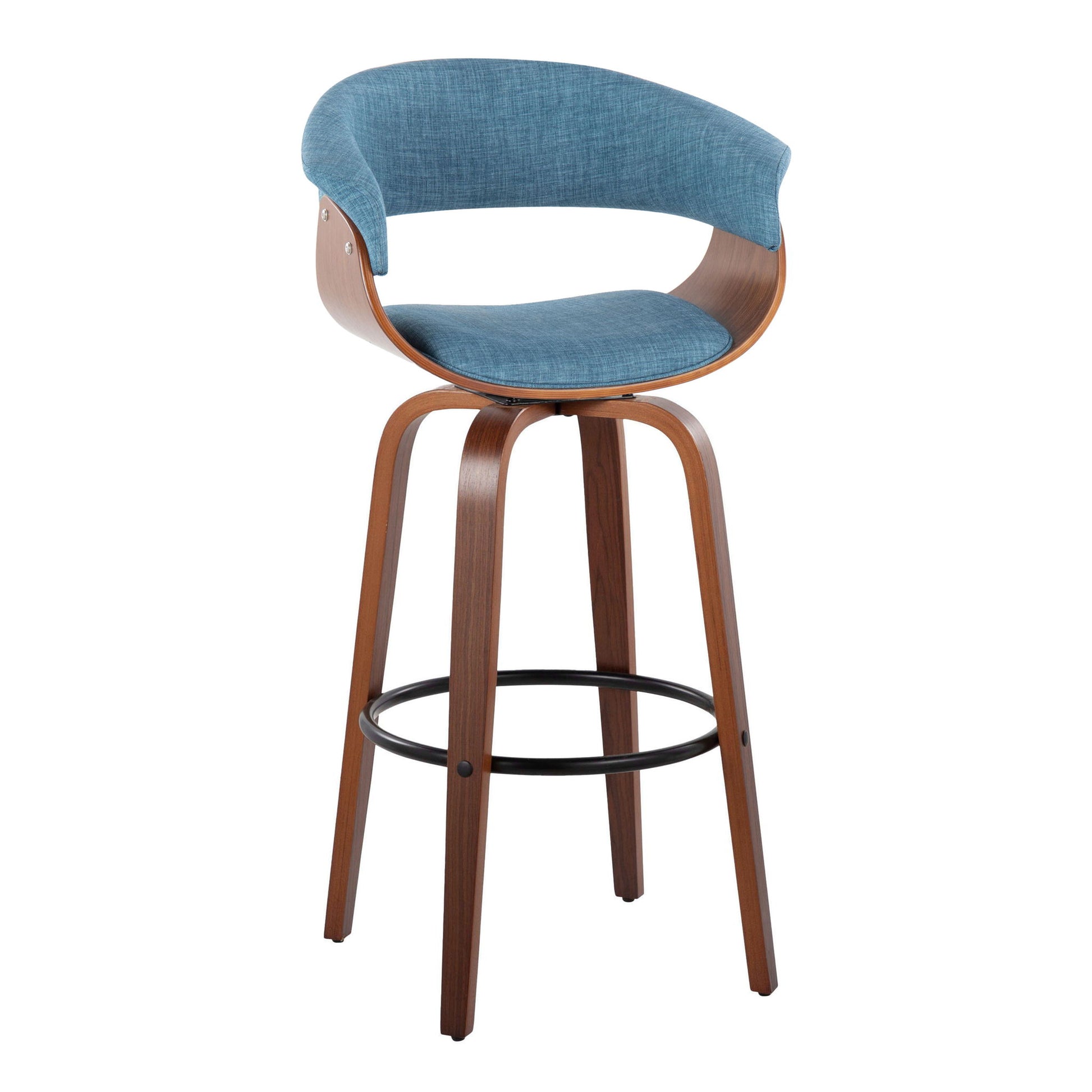 The Vintage Mod Mid Century Modern Fixed Height Barstool (Set of 2) features a curved wooden frame, light blue upholstered seat and backrest, four angled wooden legs, and a black circular footrest with swivel functionality.