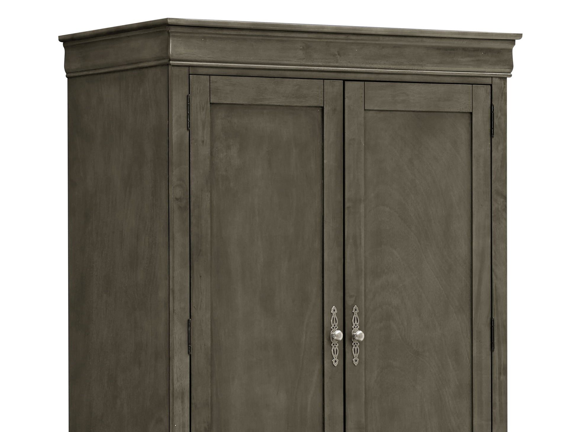 The Elegant Traditional Armoire features two paneled doors, metal handles, decorative top trim, and a muted weathered gray-brown finish.