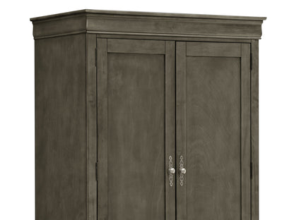 The Elegant Traditional Armoire features two paneled doors, metal handles, decorative top trim, and a muted weathered gray-brown finish.