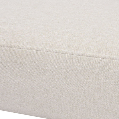 Close-up view of the Jared - Versatile Roll Arm Tufted Bench Settee, showing its beige woven fabric upholstery with a horizontal seam and textured detailing.